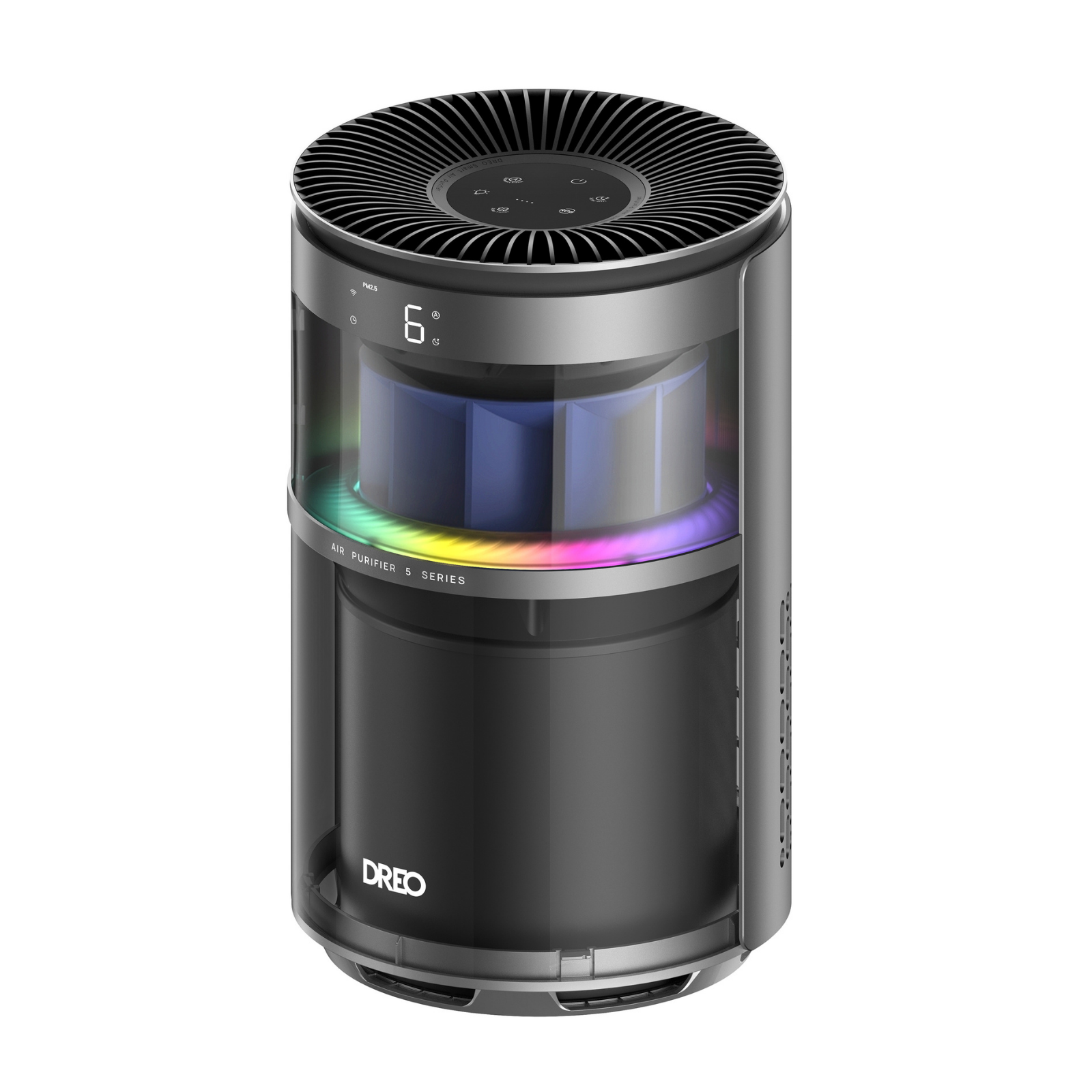 A cylindrical black and silver Dreo air purifier with colorful lights and a digital display on a white background.
