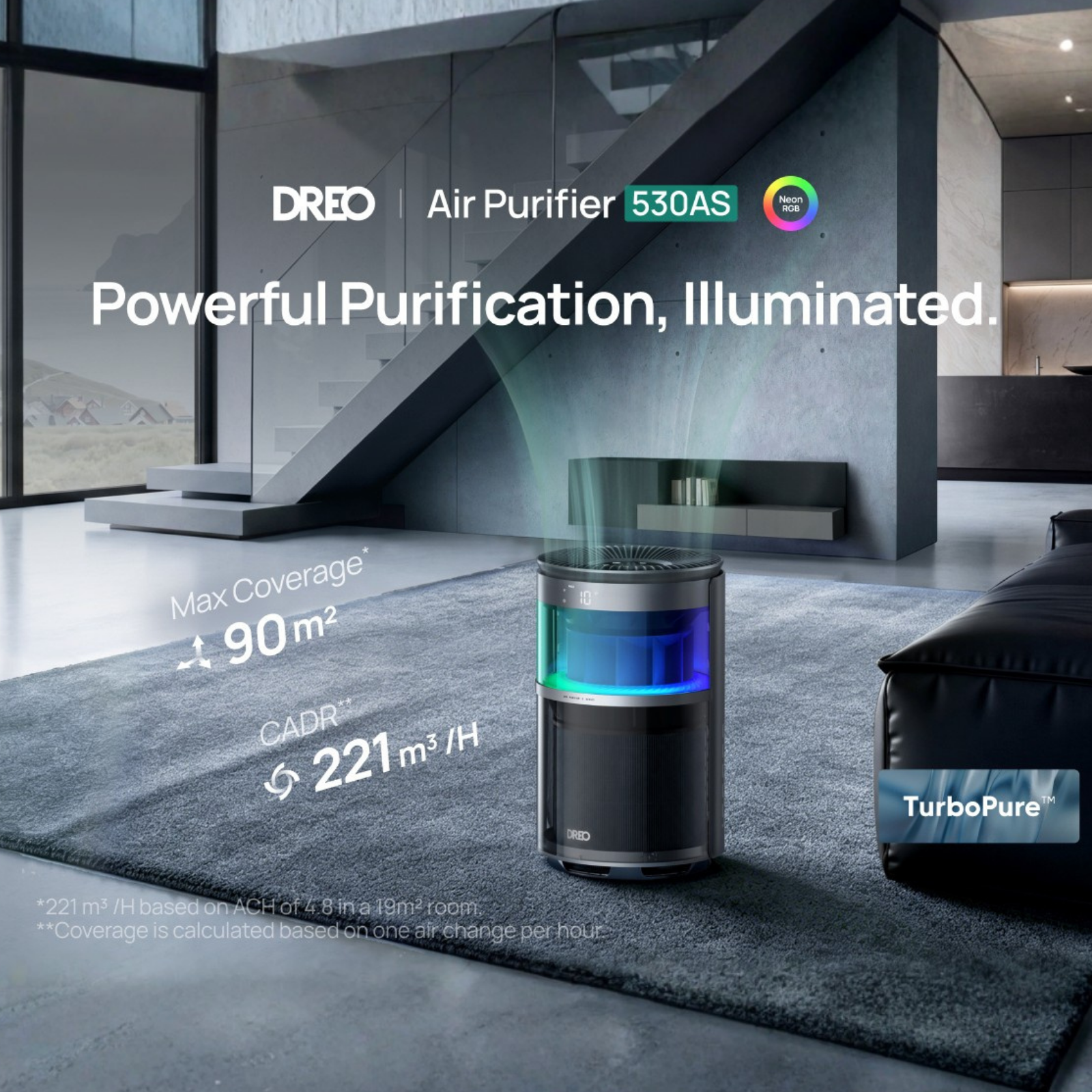 Dreo Air Purifier 530AS with RGB lighting on a carpet in a modern room.