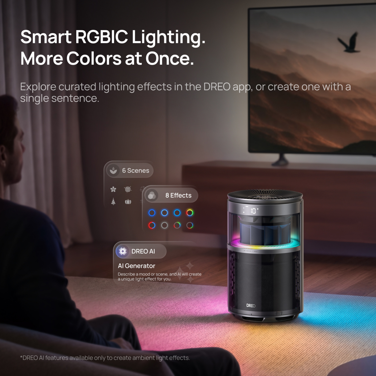 A man sits in a living room featuring a modern RGBIC air purifier and TV in the background.