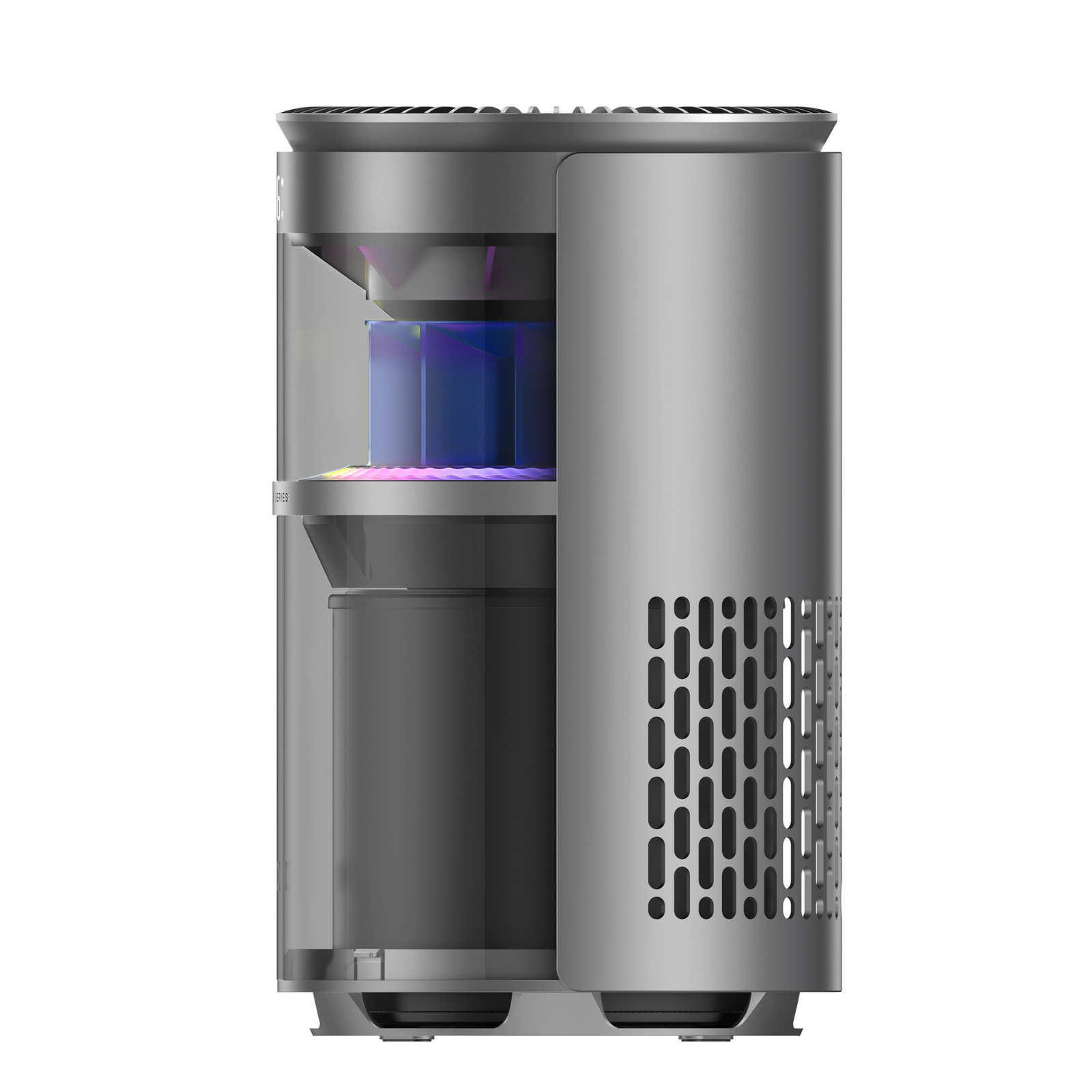 A cylindrical grey air purifier with colorful lights and side ventilation grilles.