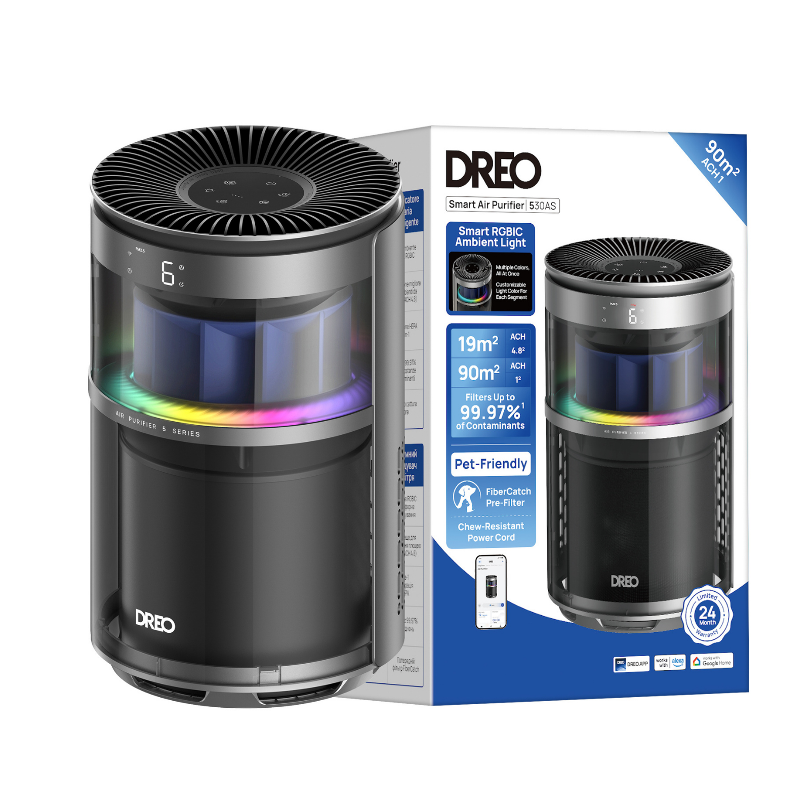 Dreo Smart Air Purifier 530AS with colorful ambient lighting in front of its product box.