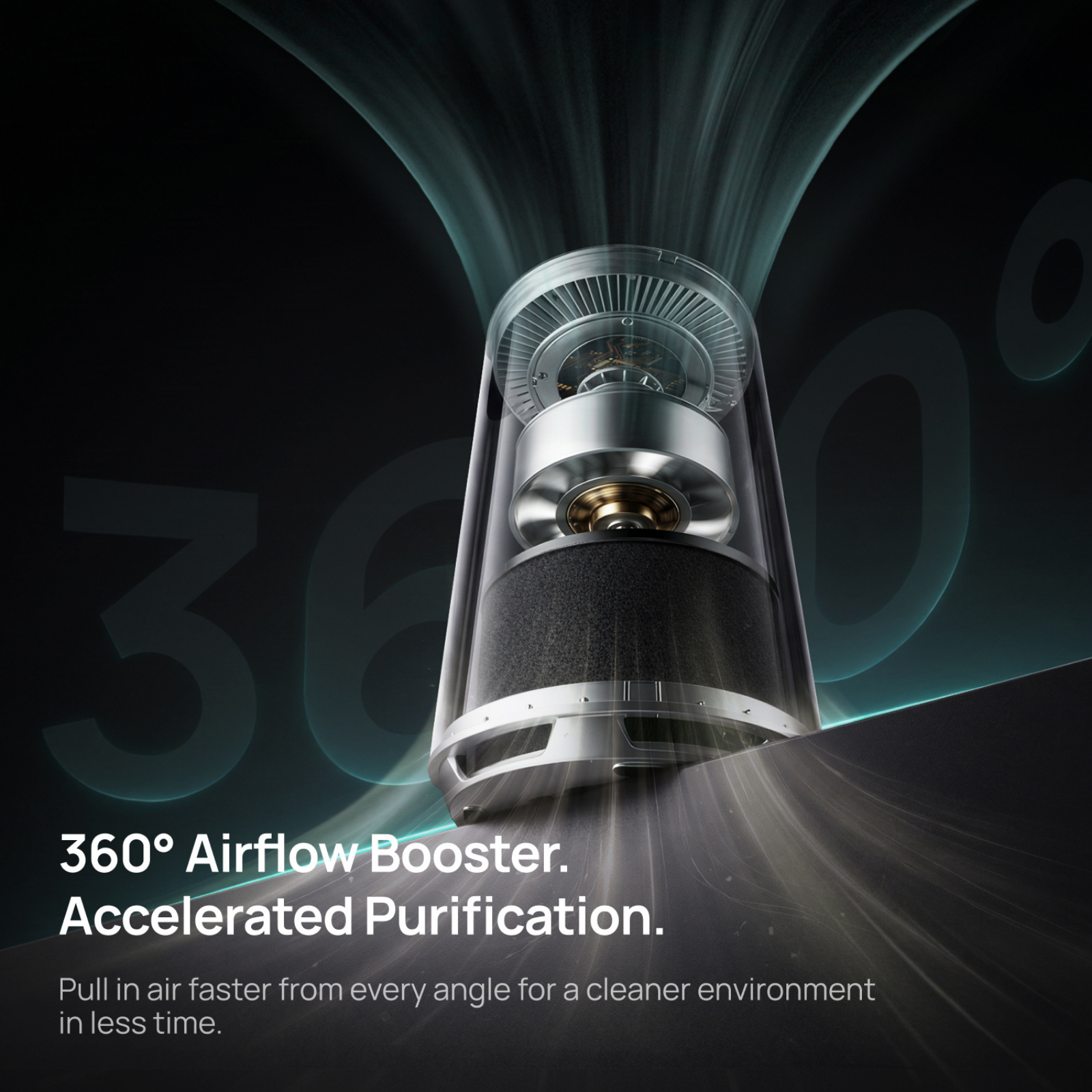 A cylindrical air purifier with visible internal components and glowing 360 airflow lines on a dark background.