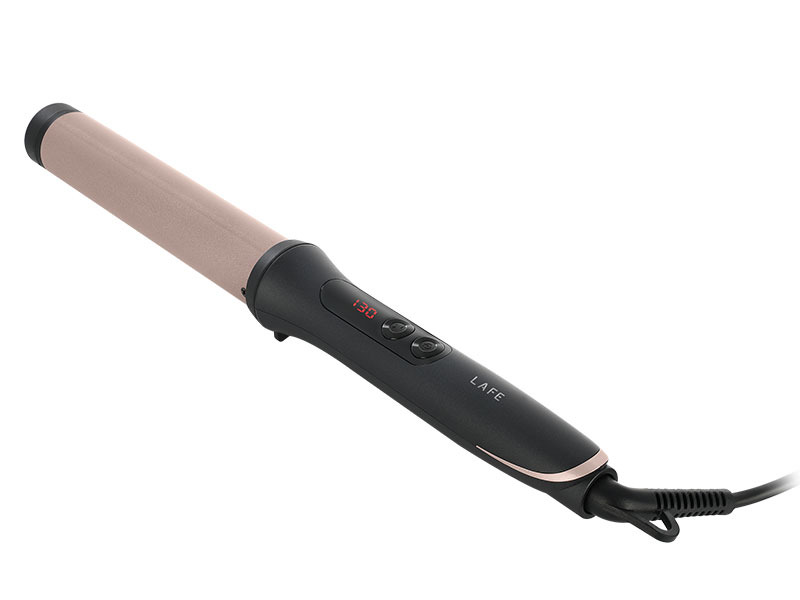 Ein schwarzer Lockenstab mit roséfarbenem Stab und digitaler Temperaturanzeige auf weißem Hintergrund.