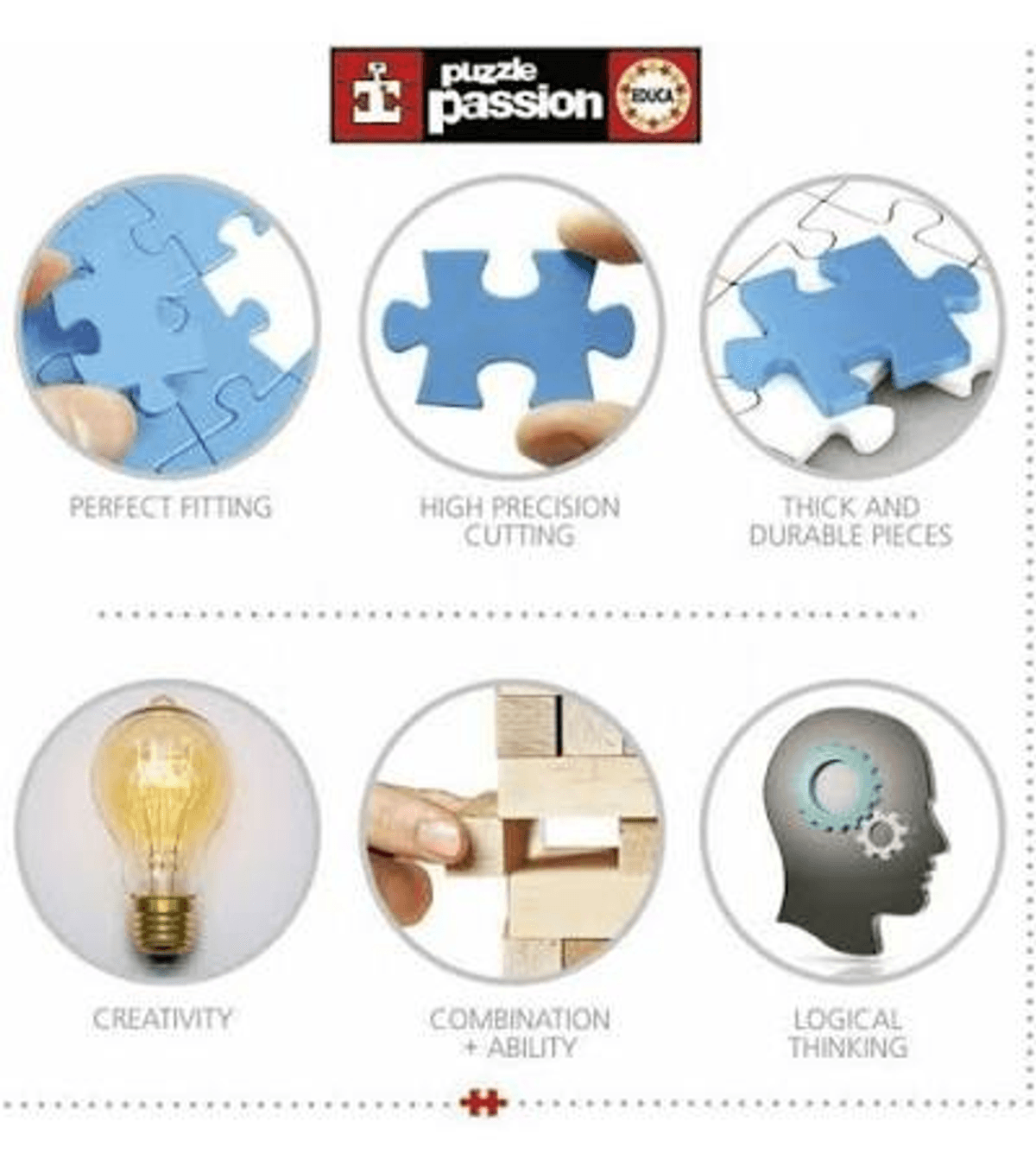 Seis iconos redondos muestran cualidades de rompecabezas y habilidades cognitivas como creatividad y lógica.