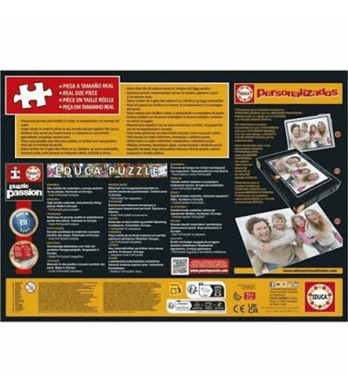 Parte trasera de una caja de puzle Educa con texto multilingüe y fotos de una familia feliz.