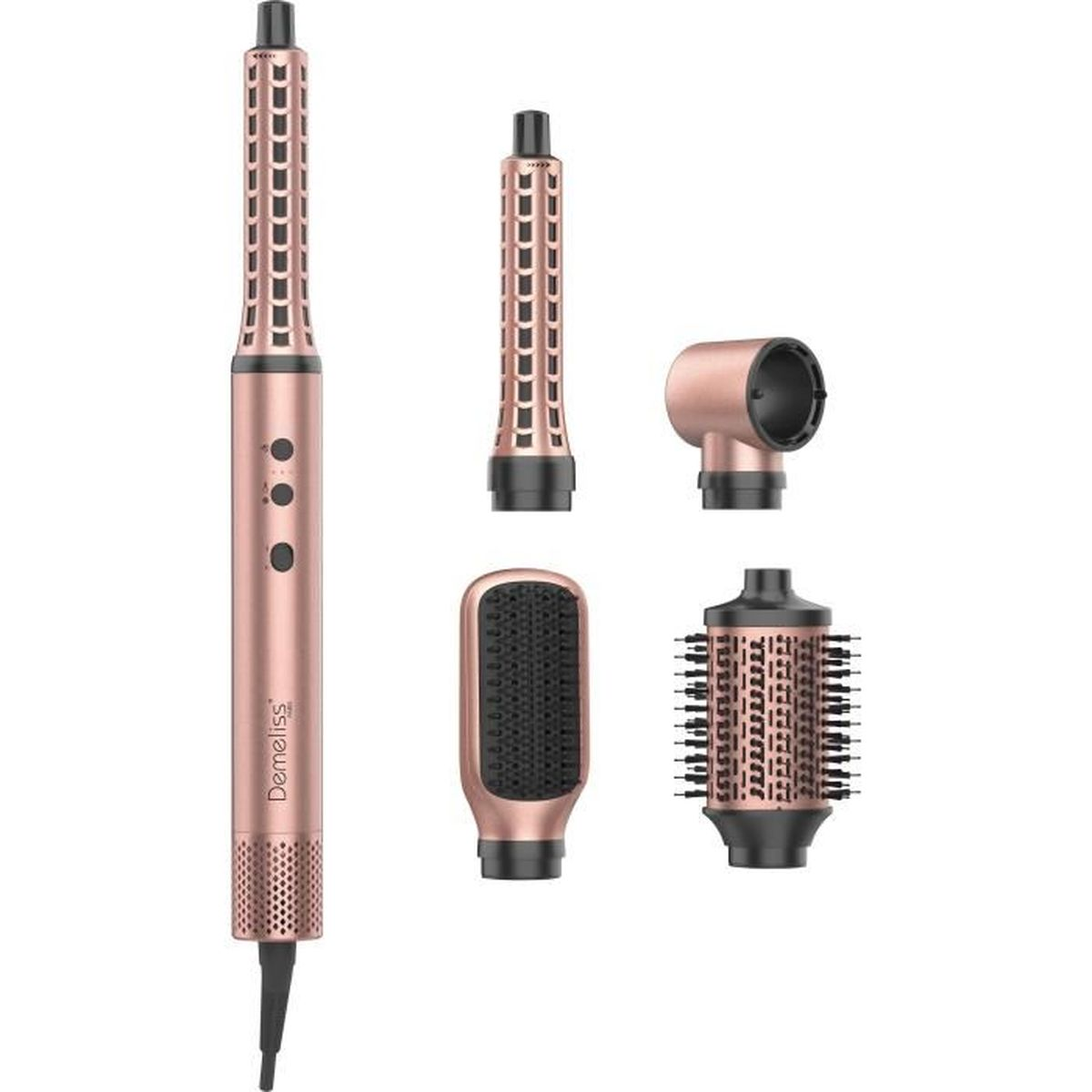 Dispositivo per lo styling dei capelli in oro rosa con quattro accessori intercambiabili.