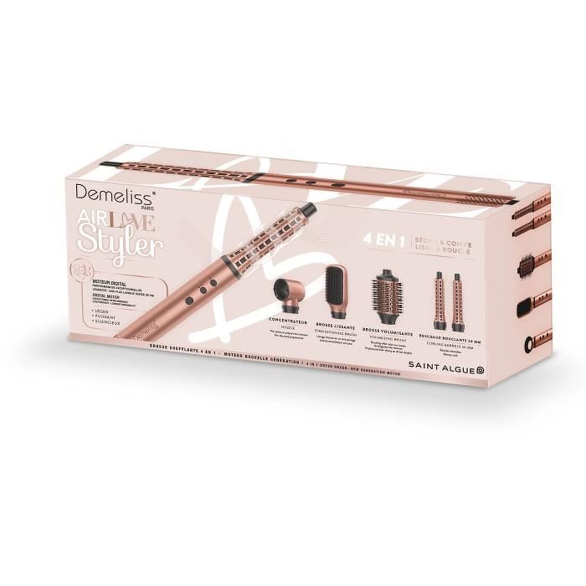 Una scatola rosa per lo styling dei capelli Demeliss AirLove Styler 4 in 1 con accessori su sfondo bianco.