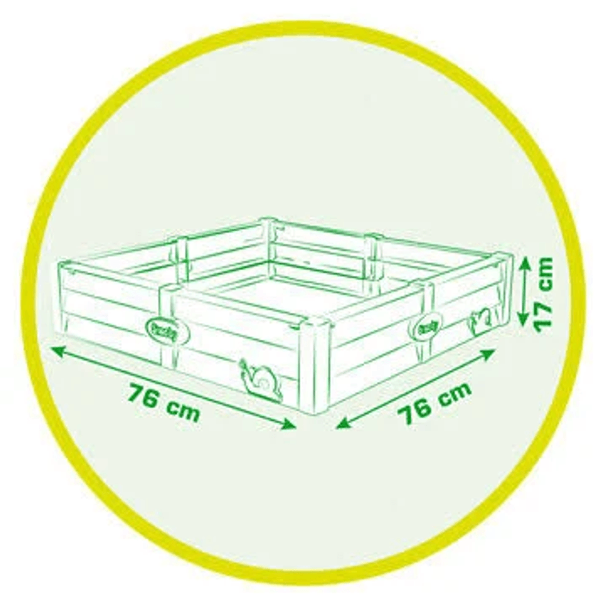 Diagrama de una cama elevada de madera cuadrada con dimensiones de 76x76x17 cm.