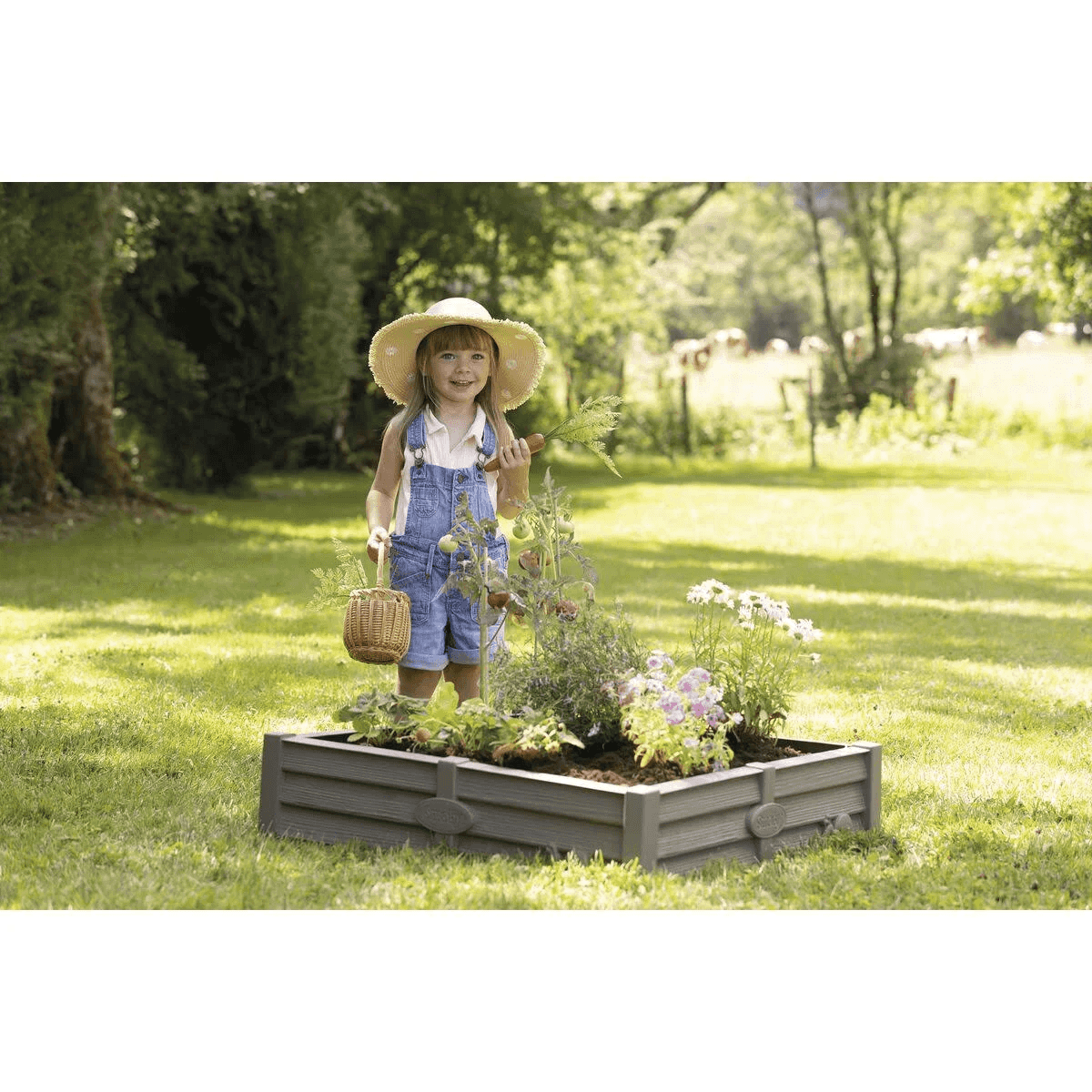 Una niña con sombrero y peto está en un jardín detrás de un huerto elevado sosteniendo una zanahoria.