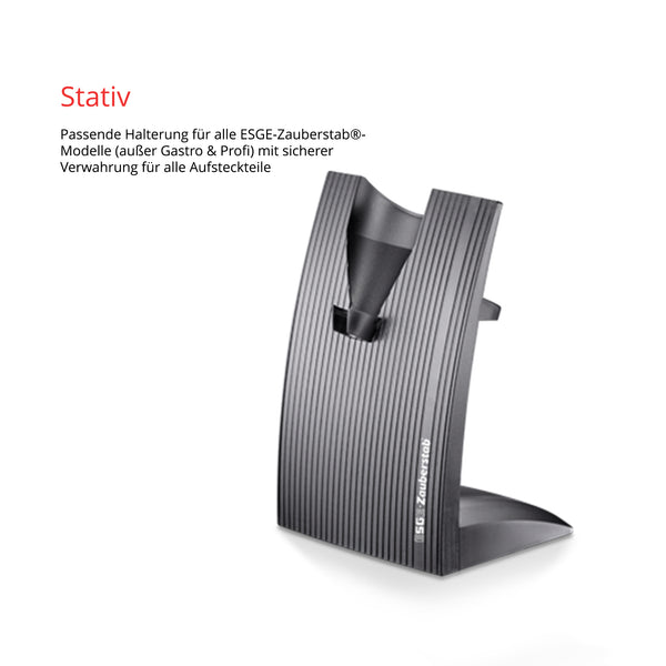 Ein schwarzer Standhalter für ESGE-Zauberstab auf weißem Hintergrund mit Text.