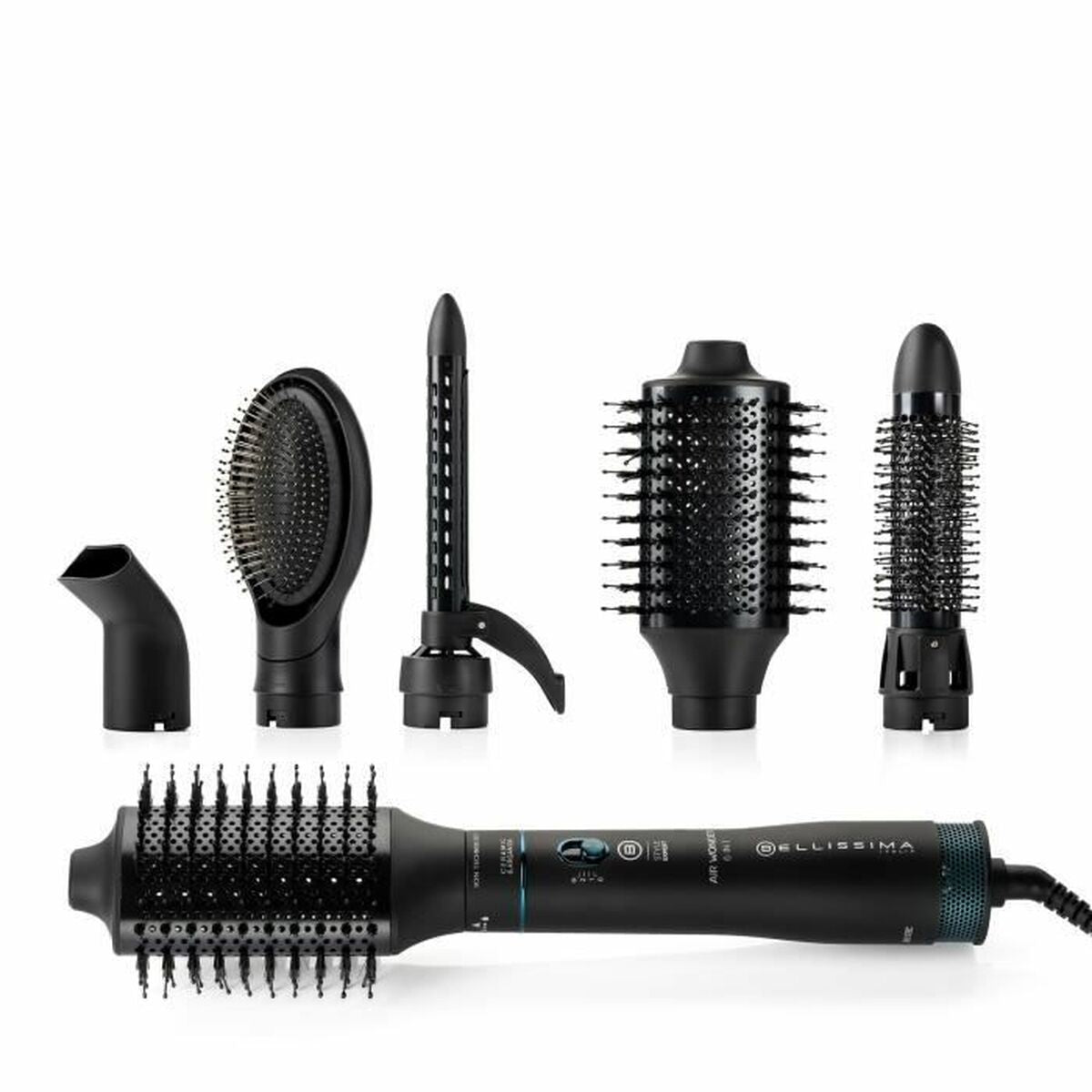 Un styler ad aria calda nero con cinque accessori intercambiabili su sfondo bianco.