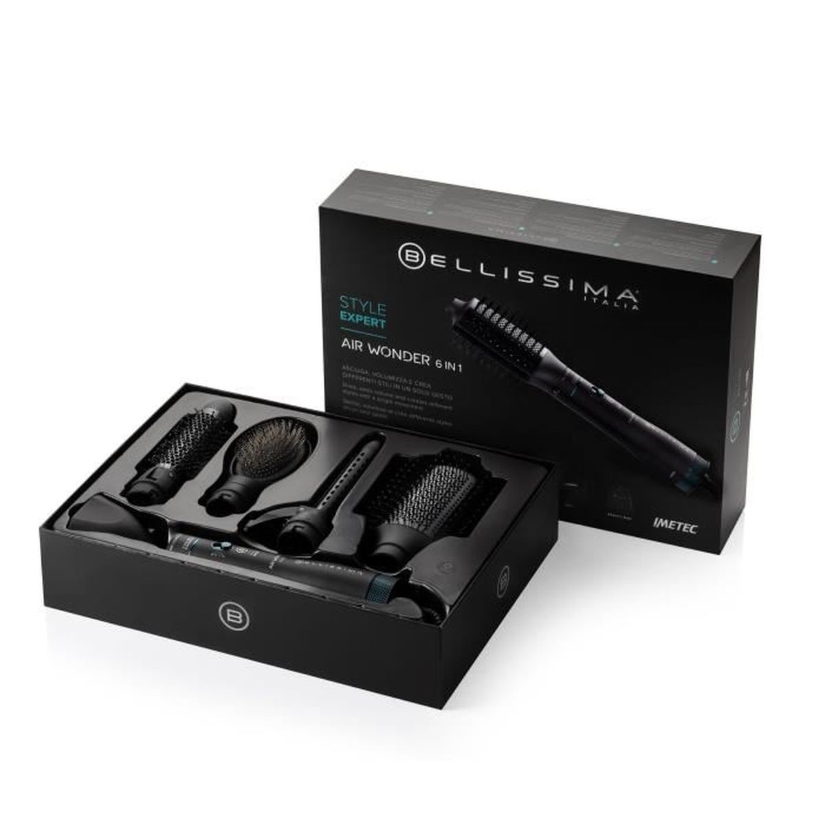 Scatola nera con asciugacapelli Bellissima Air Wonder 6in1 e accessori su fondo bianco.