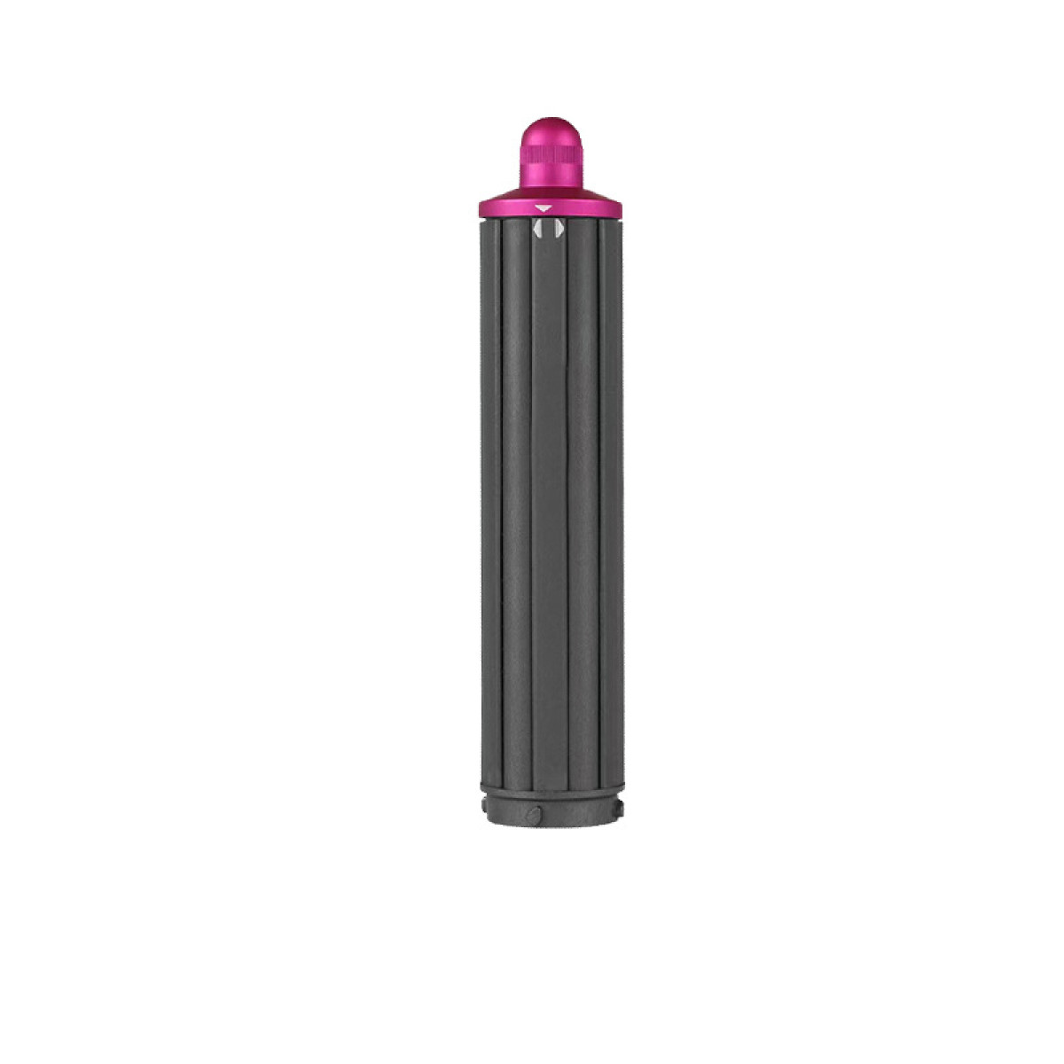 Un accessorio cilindrico grigio per capelli con una parte superiore rosa vibrante e arrotondata su sfondo bianco.