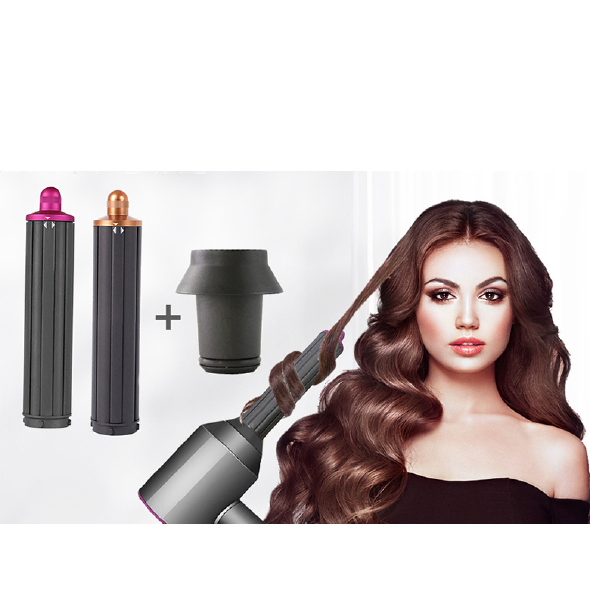 Una donna modella i suoi lunghi capelli castani con un ferro arricciacapelli e vari accessori.