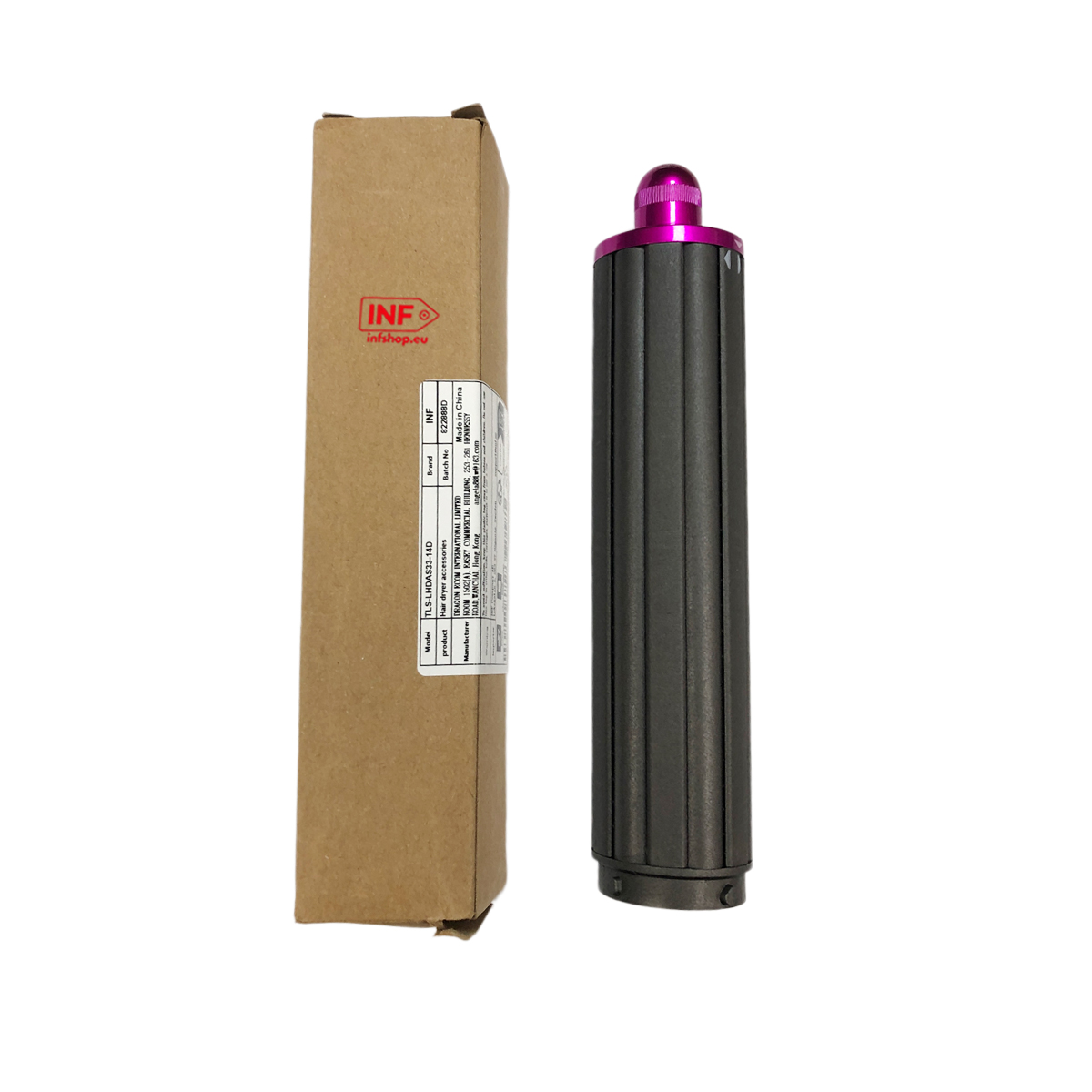 Un accessorio per asciugacapelli grigio con punta rosa accanto a una scatola.