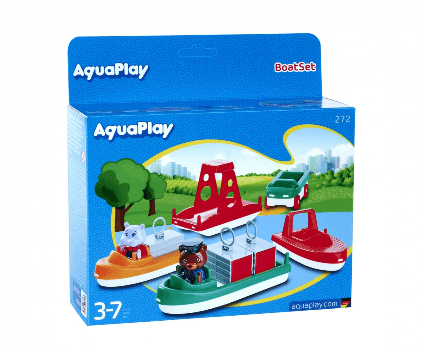 Confezione blu dell'AquaPlay BoatSet con barche giocattolo, personaggi e un'illustrazione colorata.
