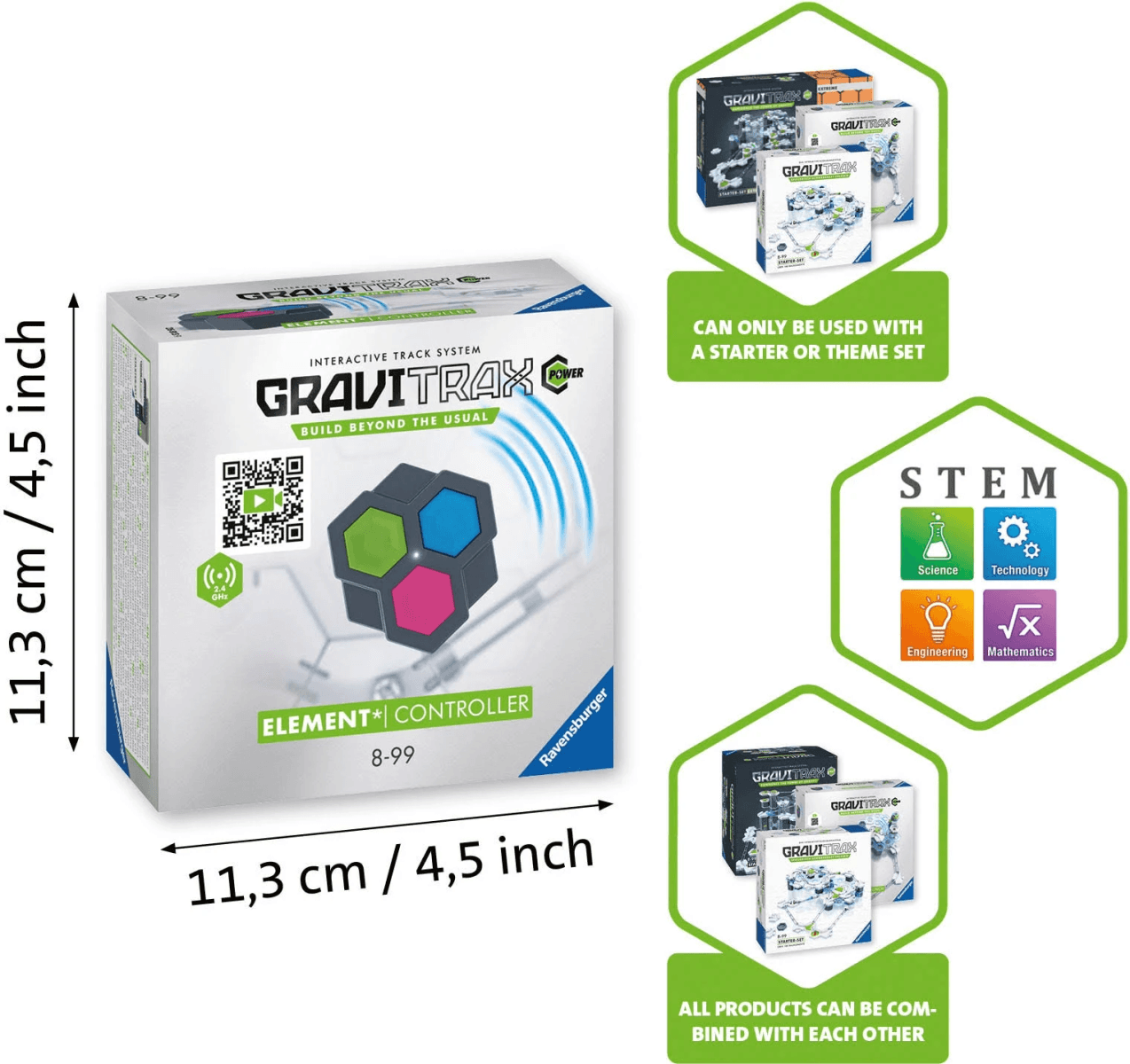 Caja del producto GraviTrax Power Controller con dimensiones, iconos STEM y notas de compatibilidad.