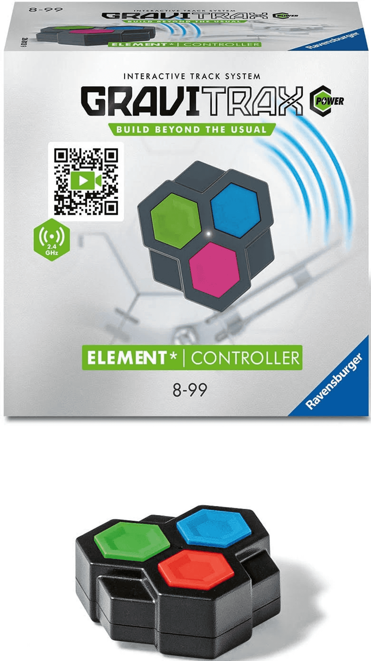 Embalaje y controlador GraviTrax negro con botones hexagonales verdes, azules y rojos.