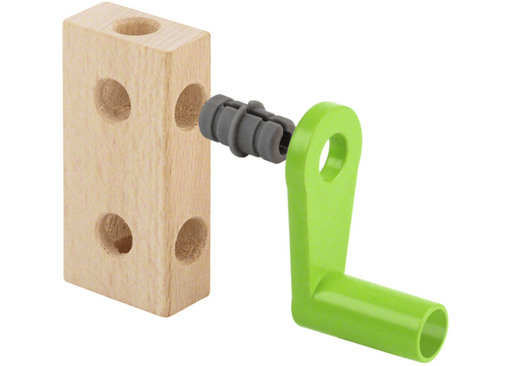 Un bloque de madera con agujeros preperforados, un conector de plástico gris y una manivela verde sobre fondo blanco.