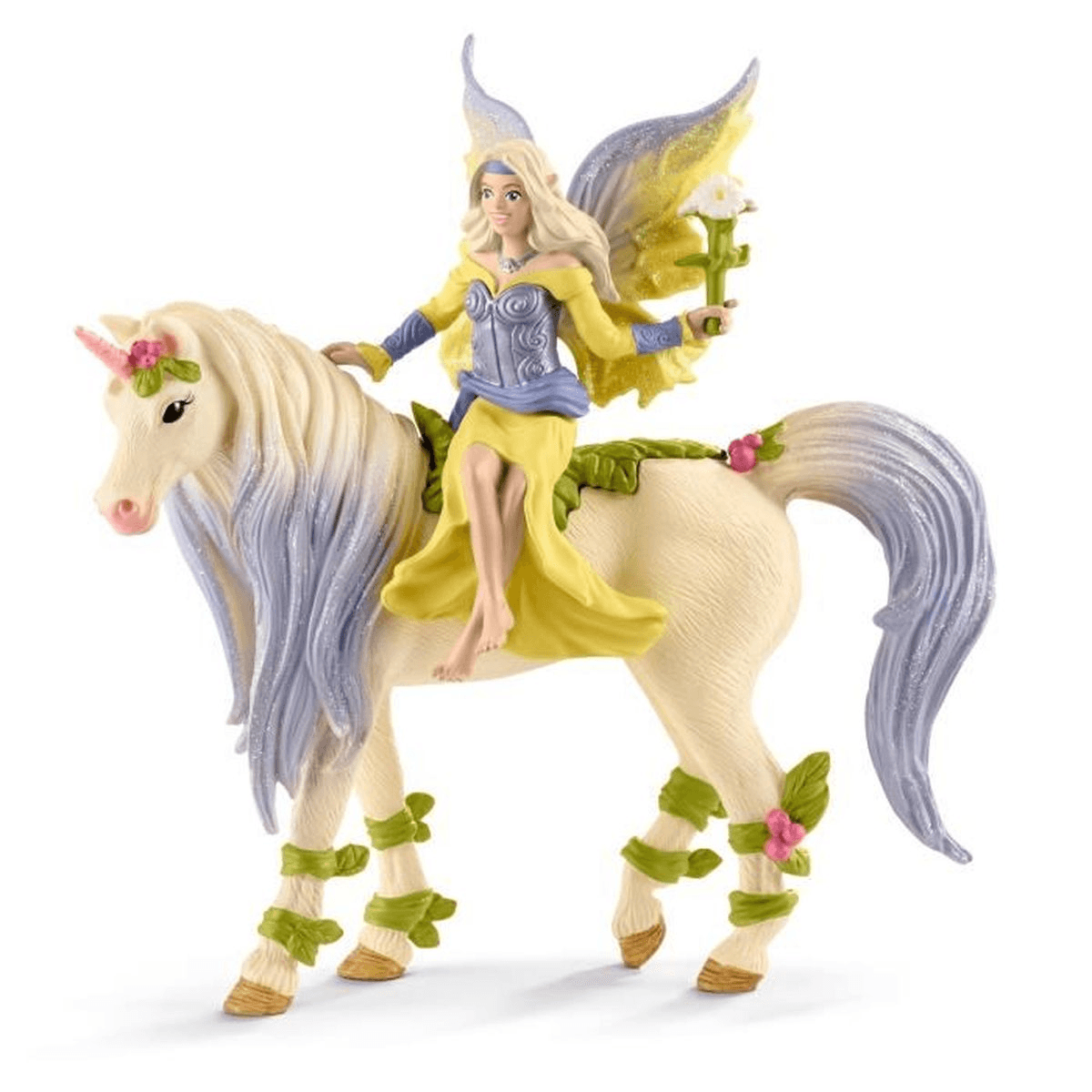 Un hada con vestido amarillo montando un unicornio blanco con crin lavanda y enredaderas de flores.