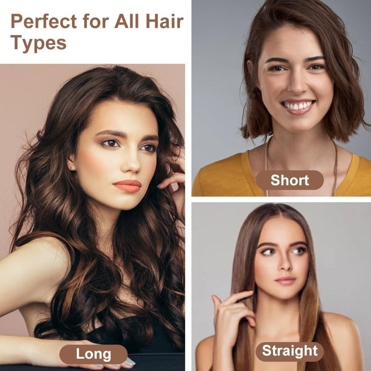 Tre donne con diverse lunghezze di capelli: lungo, corto e liscio, con il testo Perfetto per tutti i tipi di capelli.