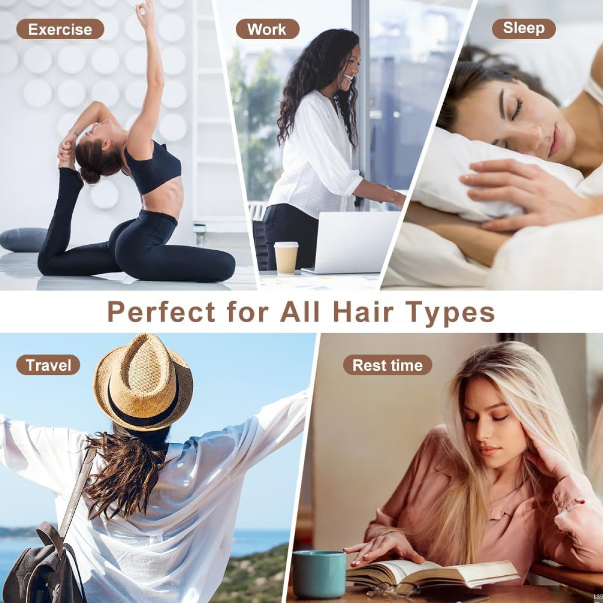 Collage che mostra donne che svolgono varie attività come yoga, lavoro, sonno, viaggio e lettura.