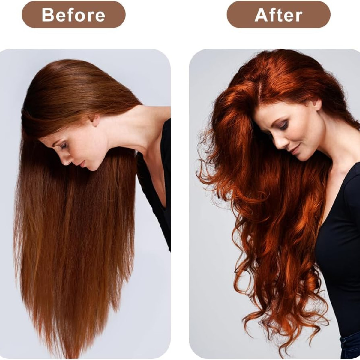Confronto prima e dopo che mostra capelli lisci a sinistra e ricci voluminosi a destra.