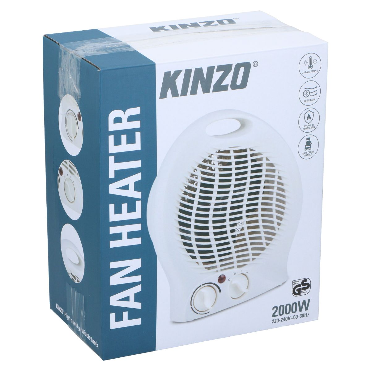 Une boîte de chauffage soufflant Kinzo blanche et bleue avec image et spécifications.