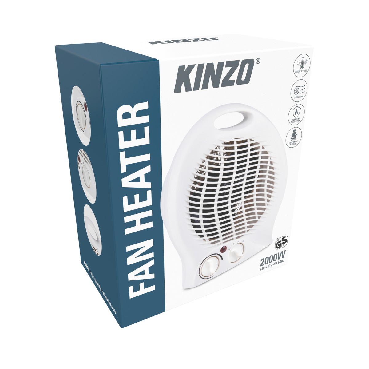 Boîte d'emballage d'un radiateur soufflant blanc Kinzo 2000W avec des accents bleus et des icônes.