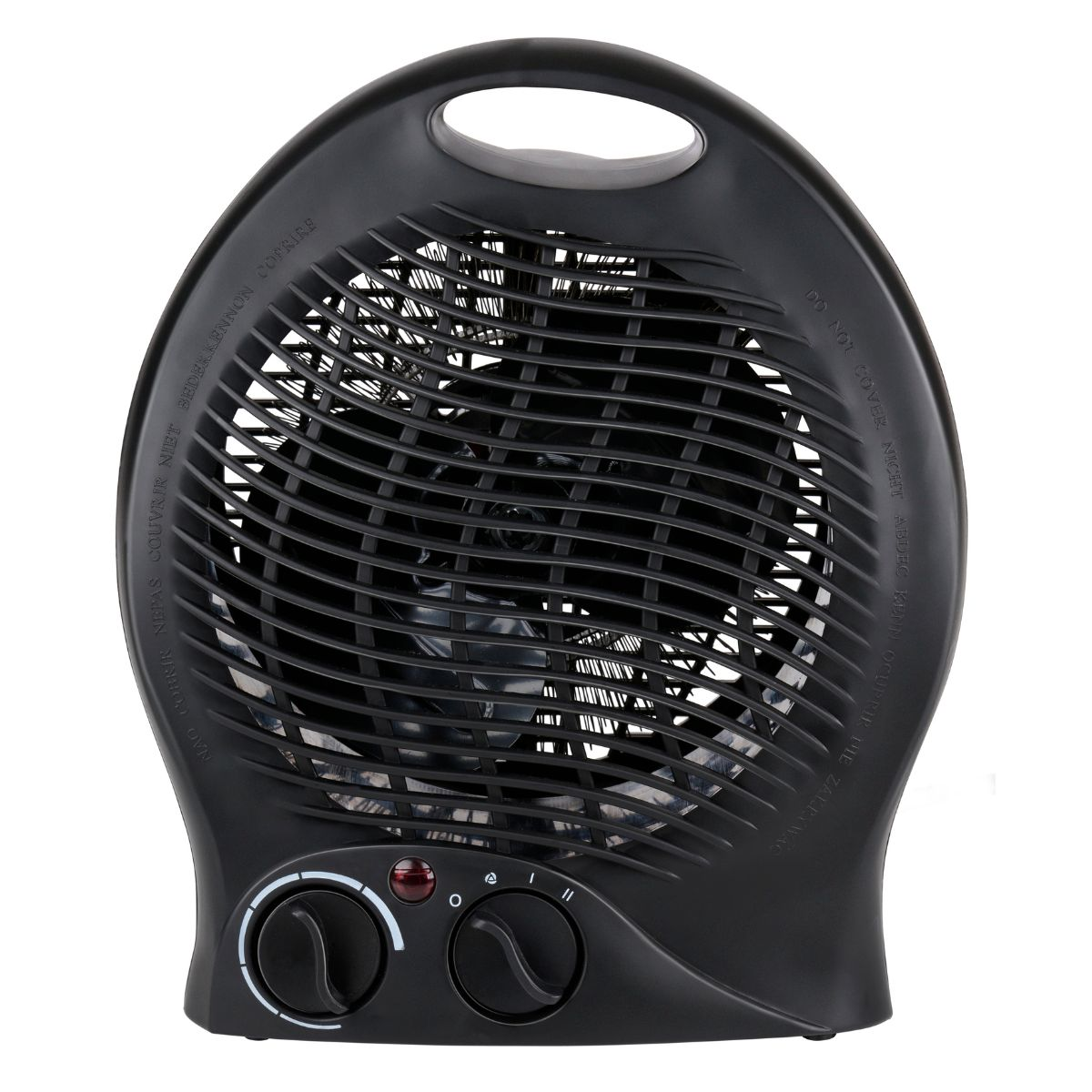 Radiateur soufflant électrique noir avec poignée intégrée et deux boutons de commande sur fond blanc.