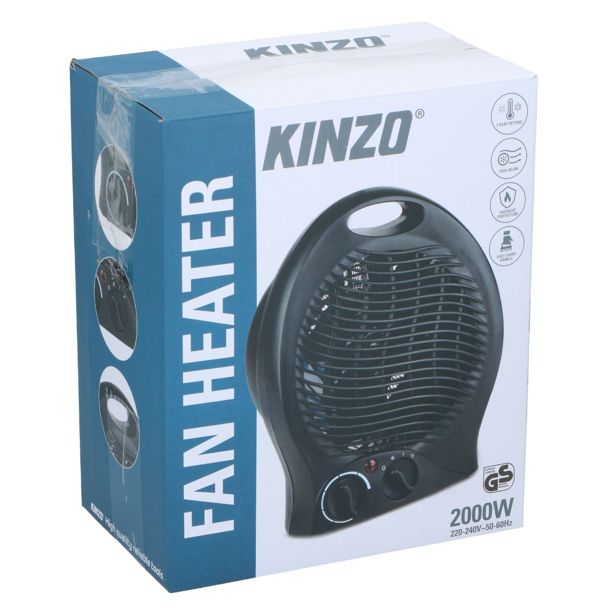 Une boîte blanche et bleue montrant un radiateur soufflant Kinzo noir de 2000W.