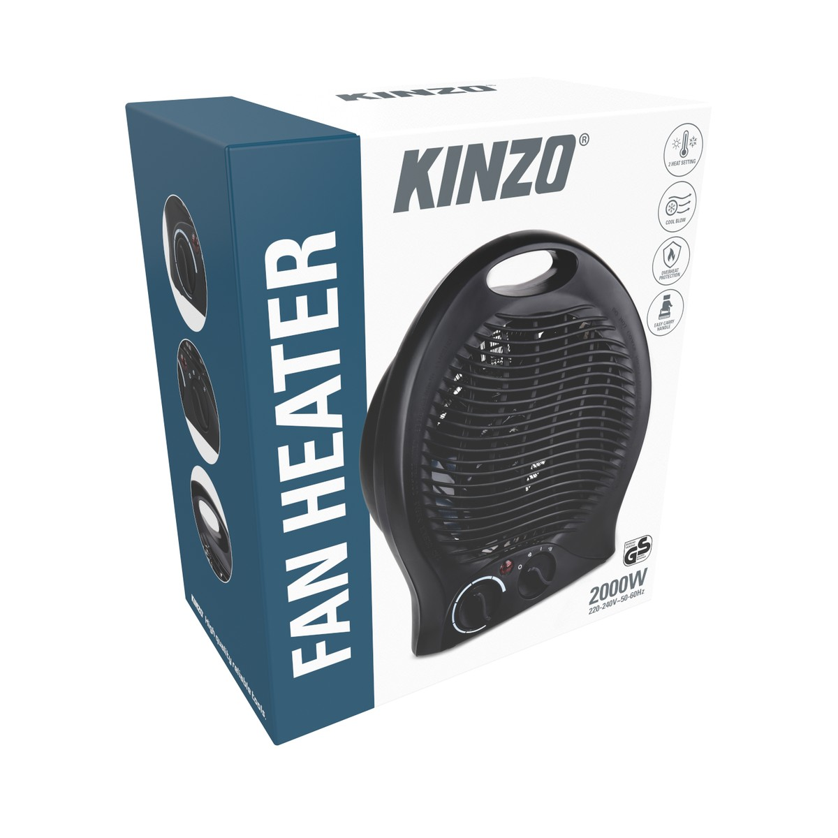 Une boîte de chauffage soufflant Kinzo blanche et bleue montrant un chauffage noir de 2000W.