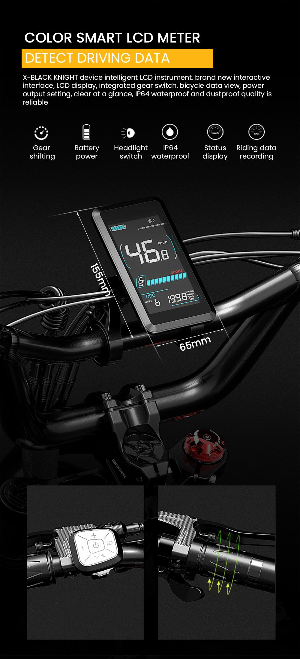 Pantalla LCD inteligente para bicicleta que muestra velocidad, batería y marcha.