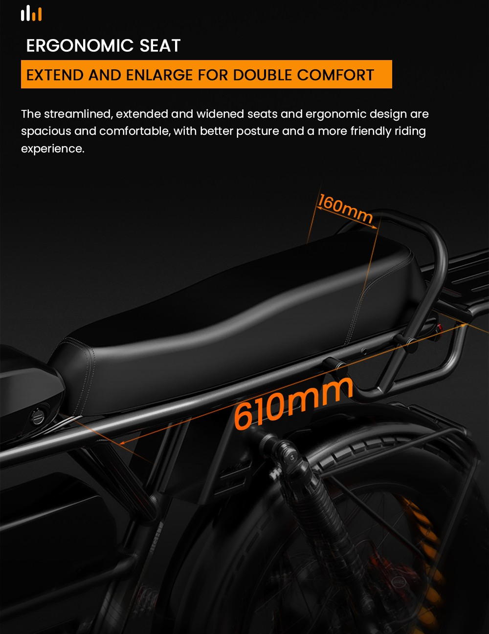 Asiento de bicicleta negro ergonómico, de 610 mm de largo y 160 mm de ancho para mayor comodidad.