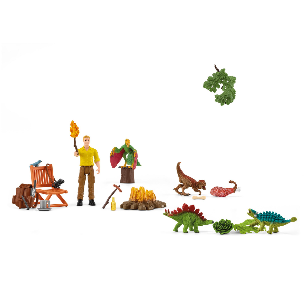Set da gioco con esploratore, dinosauri, falò, sedia e accessori su sfondo bianco.
