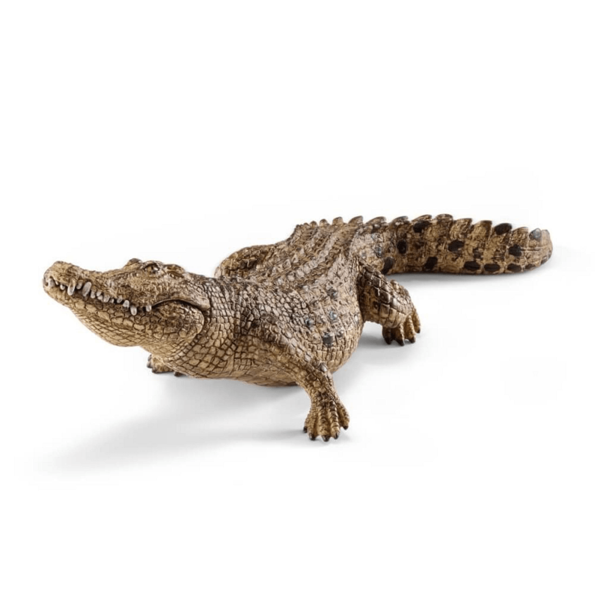 Figurine de crocodile en plastique détaillée avec des mâchoires ouvertes et une peau écailleuse sur fond blanc.