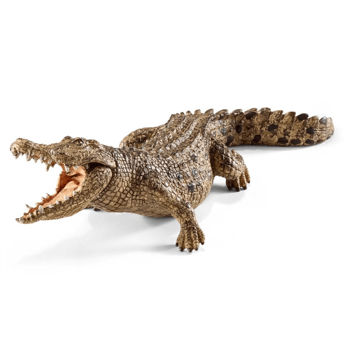 Un crocodile jouet détaillé avec une peau brune texturée et la bouche grand ouverte, montrant des dents pointues.