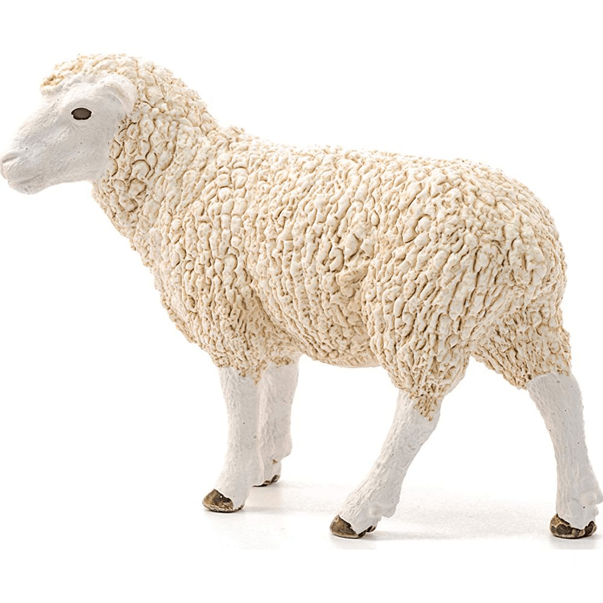 Figurine en plastique détaillée d'un mouton blanc sur fond blanc.