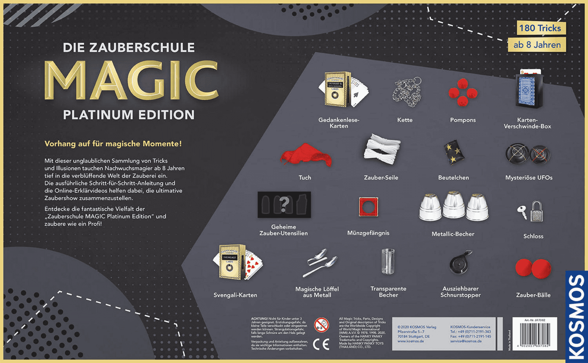 Parte trasera de la caja de magia Magic Platinum Edition con accesorios y texto.