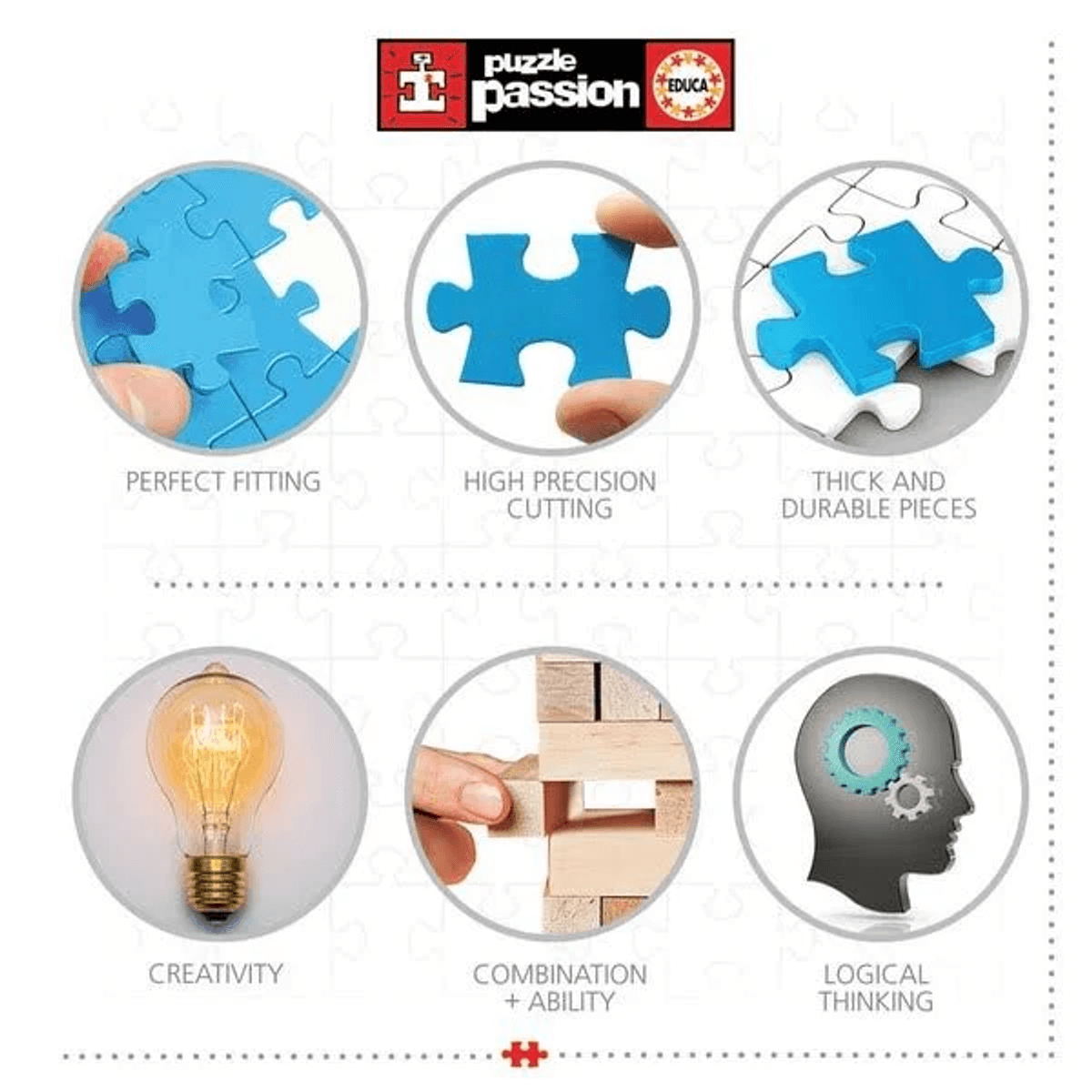 Puzzle Passion presenta seis iconos circulares que destacan la calidad, creatividad, habilidad y lógica.