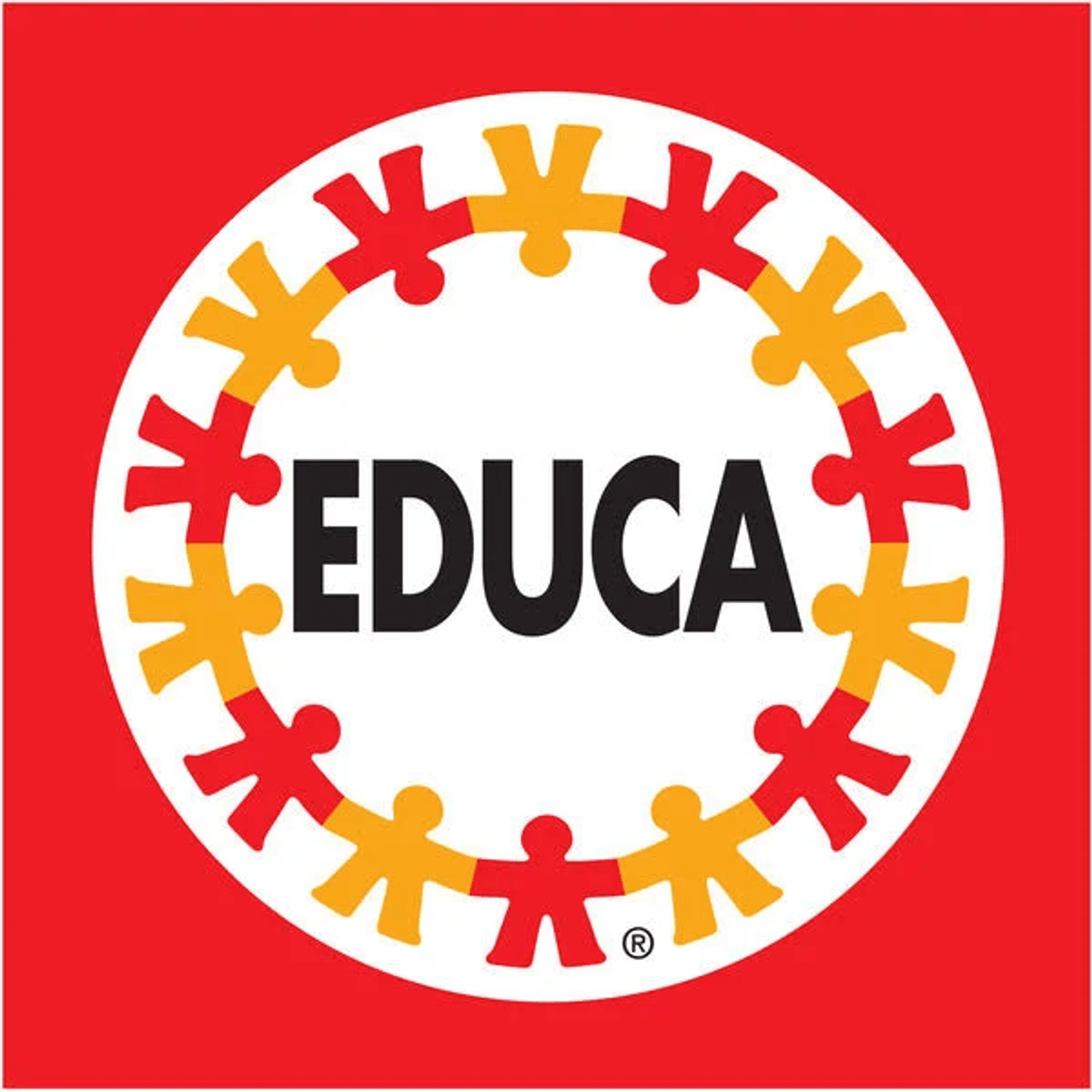 El logotipo de Educa sobre fondo rojo muestra un círculo blanco con figuras rojas y amarillas.