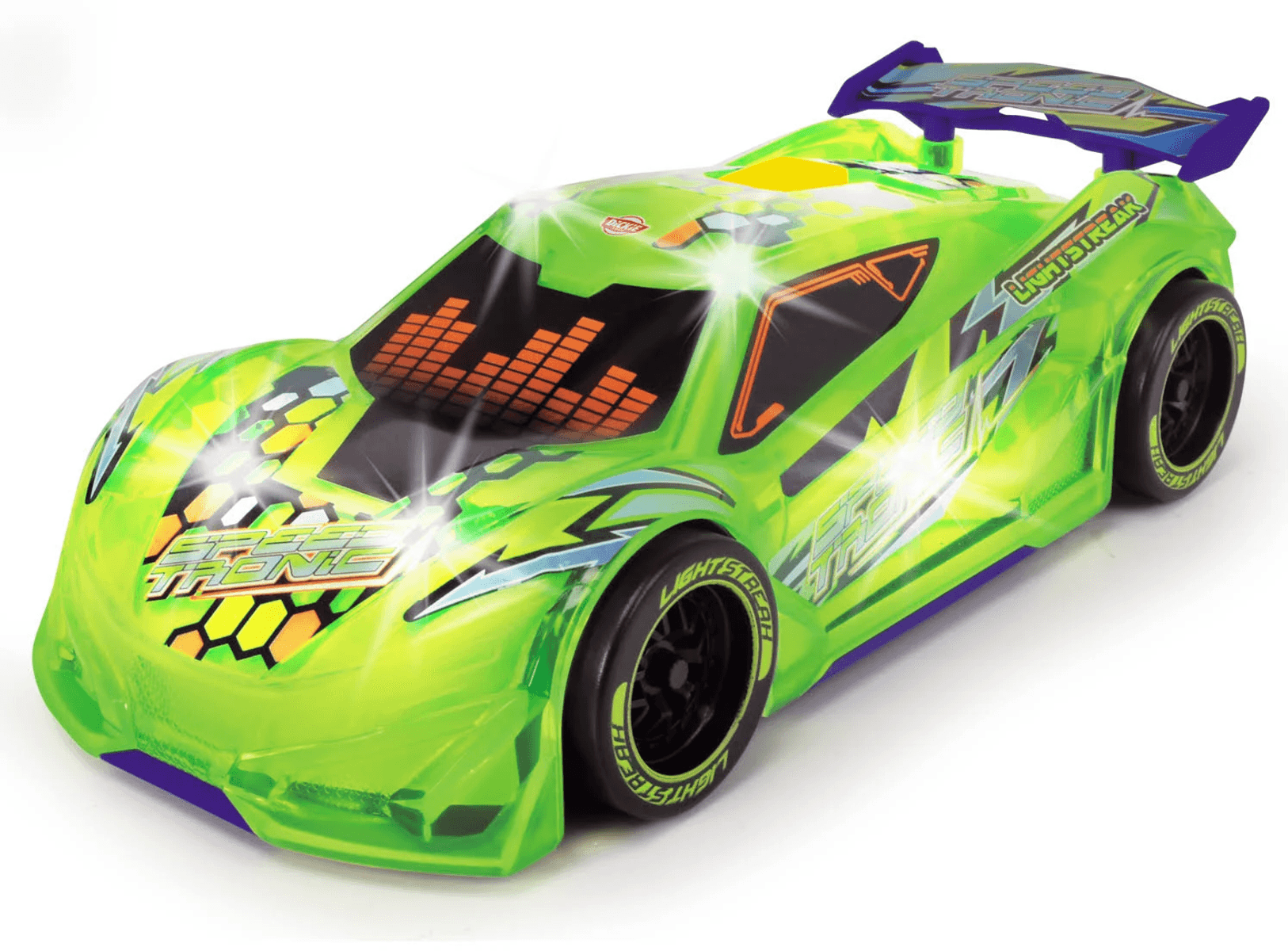 Un coche de carreras de juguete verde brillante con ruedas negras, alerón morado y patrones futuristas brillantes.
