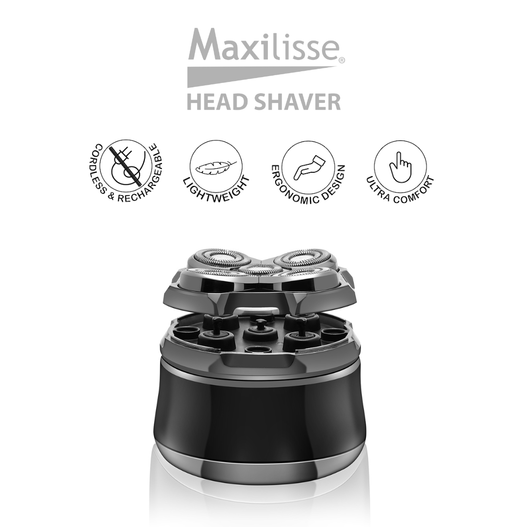 Rasoir de tête Maxilisse à quatre têtes rotatives, sans fil, léger, ergonomique et confortable.