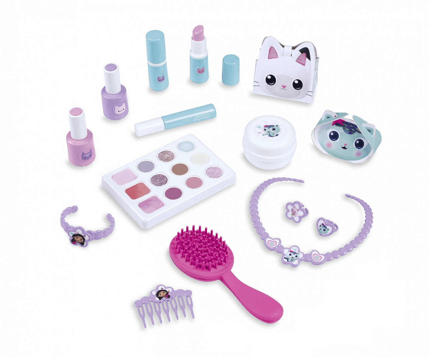 Set de maquillaje de juguete para niños con estuche, paleta, esmalte, lápiz labial, cepillo y accesorios de gatos.