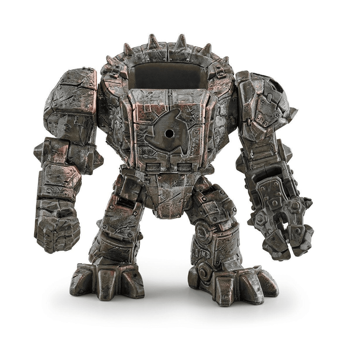 Una robusta figura de robot de piedra en gris y cobre con extremidades gruesas y púas en la cabeza.