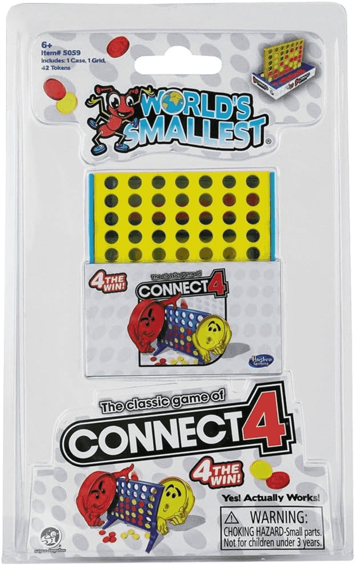 Emballage de l'édition miniature du jeu de société Connect 4 avec grille et jetons.