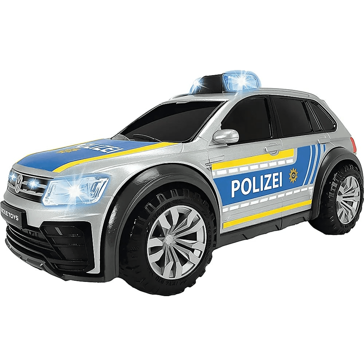 Un coche de juguete de la policía alemana plateado con luces azules y detalles amarillos sobre fondo blanco.