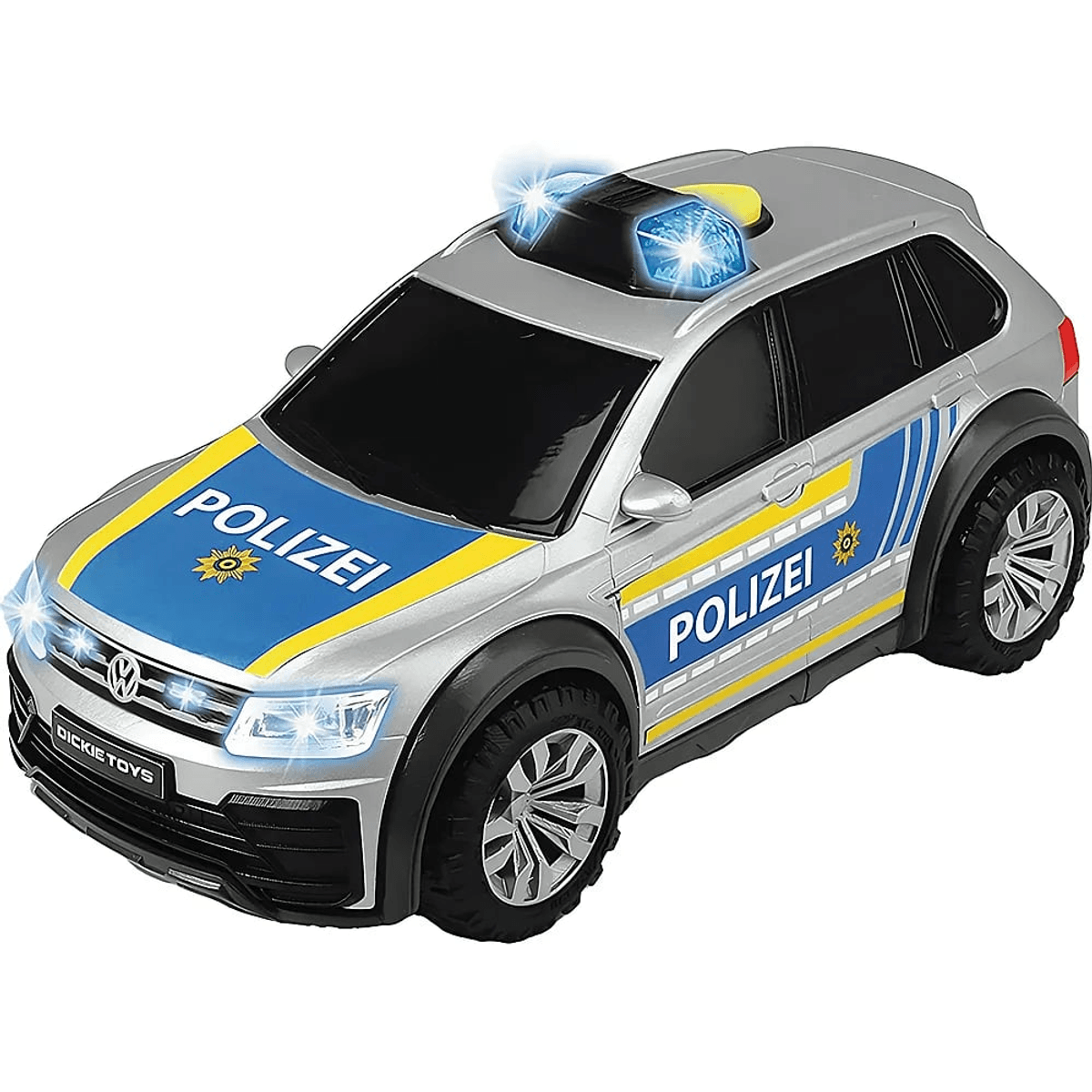 Un SUV de policía de juguete plateado con marcas azules y amarillas, faros brillantes y luces de techo azules intermitentes.