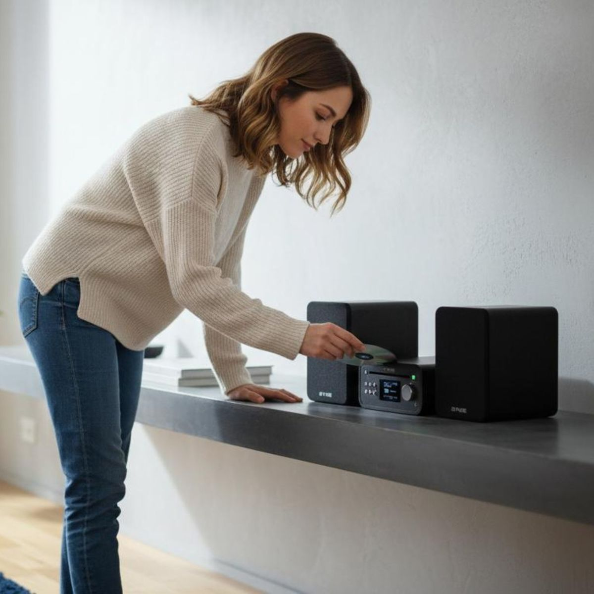 Eine Frau in einem beigen Pullover legt eine CD in ein schwarzes Hifi-System auf einem Regal.