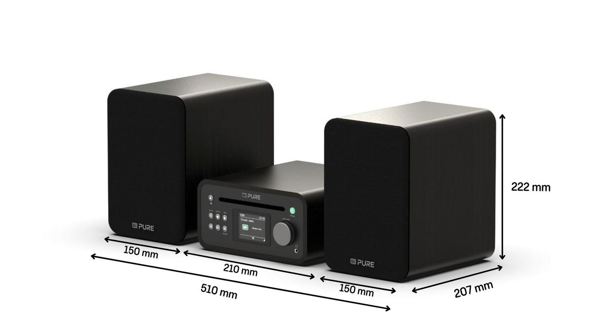 Schwarzes Pure Audiosystem mit zwei Lautsprechern und Maßangaben auf weißem Grund.